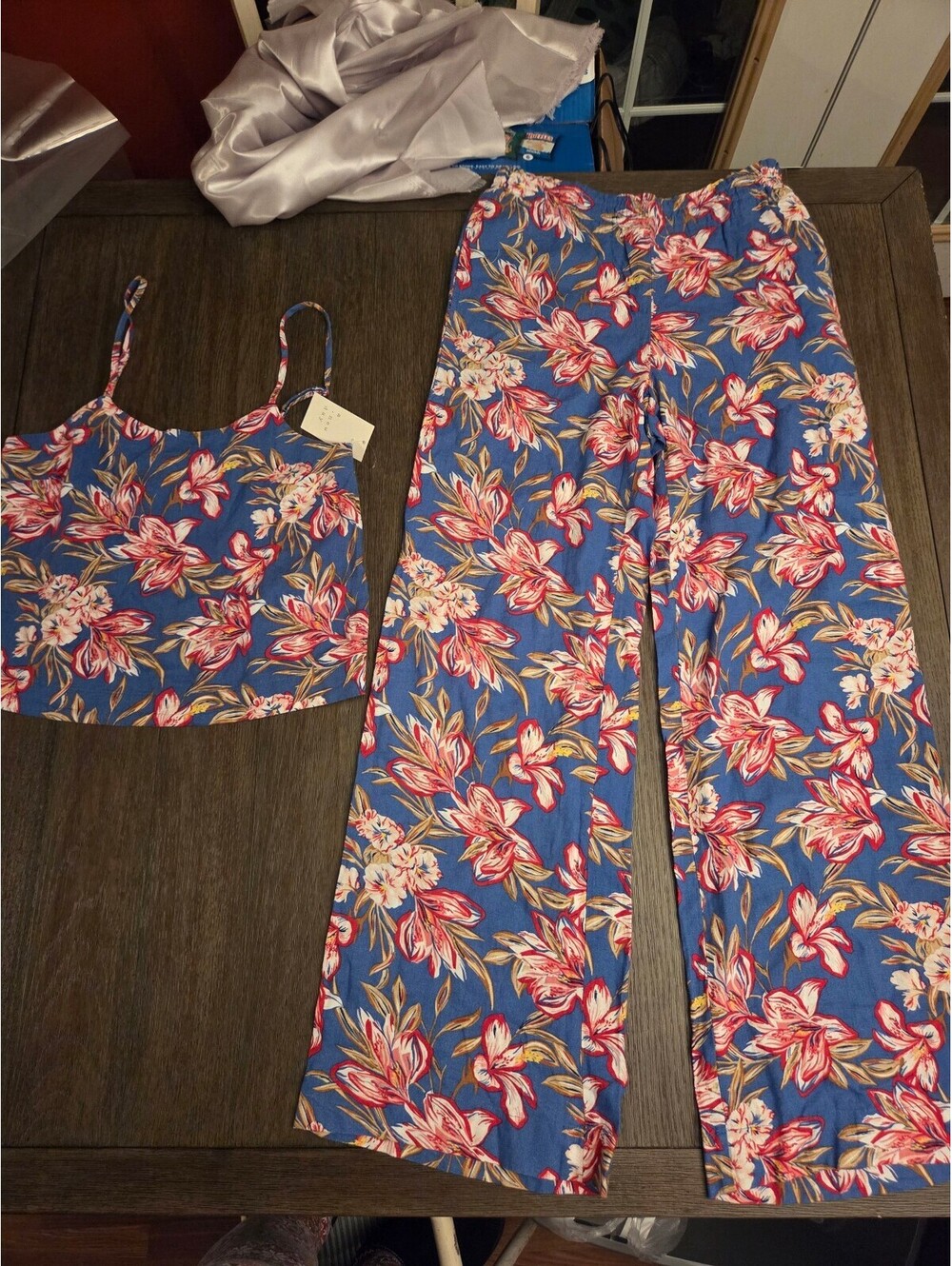 A New Day Women's Linen Blend Floral 2 Pc Set Tank Wide Leg Pants S Long NWT $55